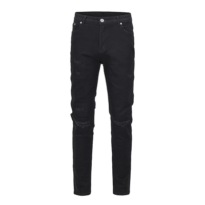 高街破洞补丁黑色小脚牛仔裤男潮