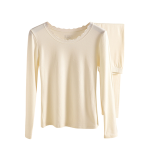 保暖内衣女蕾丝低领羊绒蛋白润肤发热德绒薄磨毛贴身秋衣秋裤套装