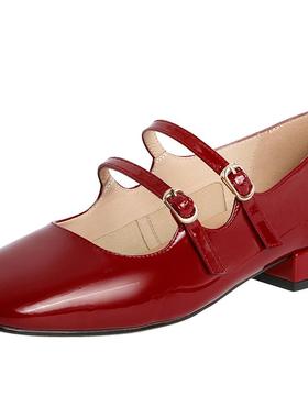百丽法式复古红色玛丽珍2023小皮鞋