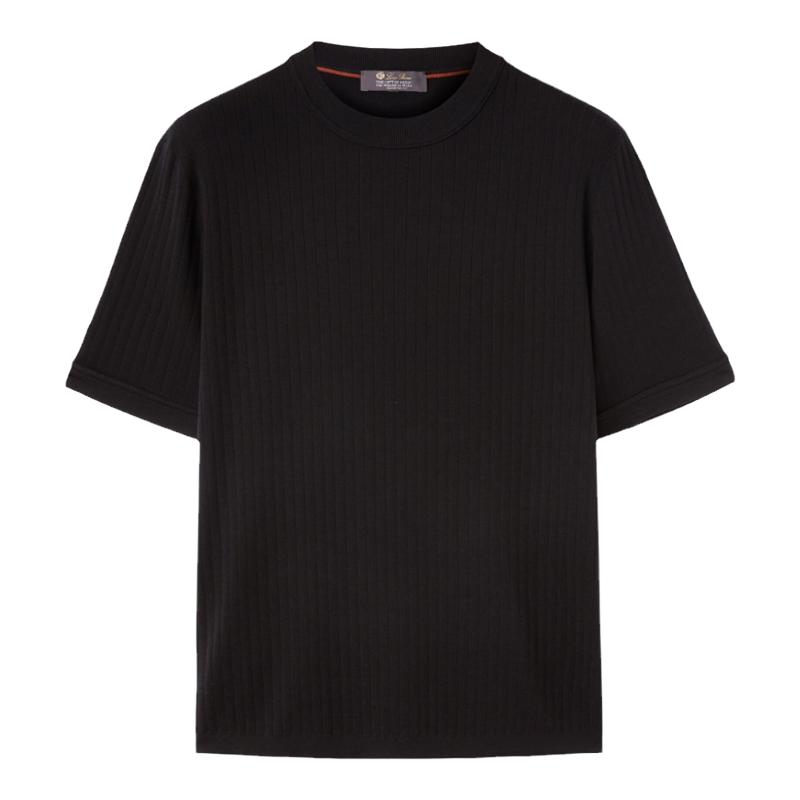 Loro Piana/诺悠翩雅男装圆领羊毛针织短袖黑色套头衫上衣