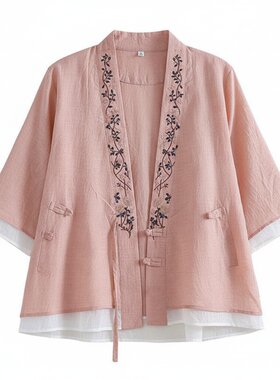 大码盘扣唐装汉服刺绣假两件衬衫