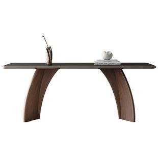 奥古斯特黑色岩板餐桌长方形胡桃色饭桌意式极简家用实木岩板餐桌