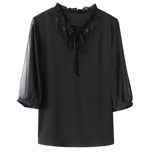 重磅真丝绸衬衫女2025夏新款短袖蕾丝花边系带纯色小衫桑蚕丝上衣