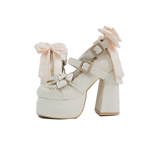 「快团」花屿山茶原创lo鞋小众甜美蝴蝶结圆头牛仔防水台高跟鞋