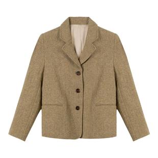 DotDrobe多着 枫叶黄100%羊毛粗花呢极简西装外套女春款单排扣