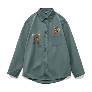 马登纯棉复古水洗日系刺绣印花宽松长袖衬衣衫外套硬挺上衣女士春