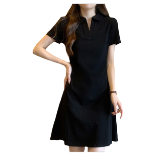 甜辣妹纯欲风短袖连衣裙女夏季韩版百搭修身显瘦半开POLO领中长裙