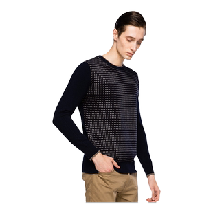 圣雪绒秋冬新款纯羊绒衫男圆领精细格纹提花休闲针织衫