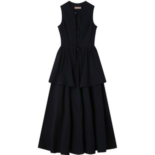 Chings法式复古系带无袖连衣裙 肌理感盐缩棉花苞A字裙纯色长裙秋