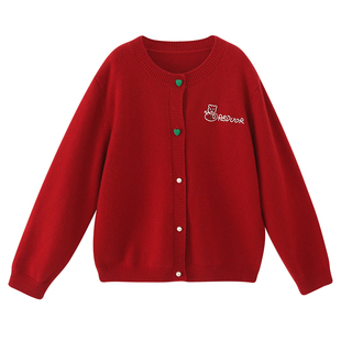 女大童过年针织开衫2025秋冬新款初中生女孩新年款红色保暖毛衣潮