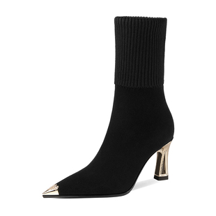 6厘米黑色真皮瘦瘦靴女中筒靴高跟尖头冬新款加绒毛线口靴子粗跟