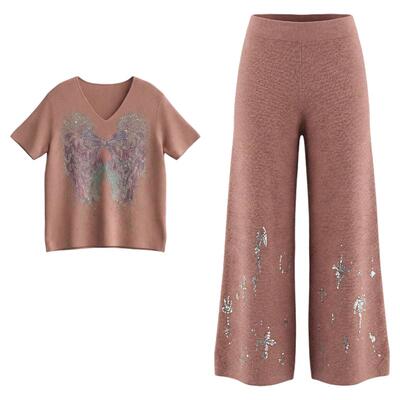 TCH26春款百搭时尚烫钻粉色短袖上衣女阔腿裤慵懒套装T78A07E1172