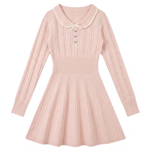 织物猪 粉红少女 甜美风长袖针织连衣裙女早春修身显瘦百搭短裙子