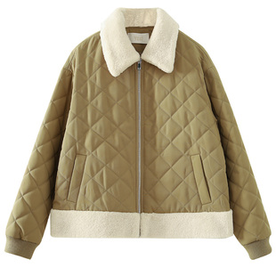 娅丽达保暖毛翻领菱格棉服外套女冬2025年新款高级感短款轻薄棉衣