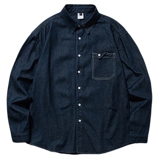 蓝色日系牛仔衬衫长袖男生秋季2026新款宽松外套上衣休闲男款衬衣