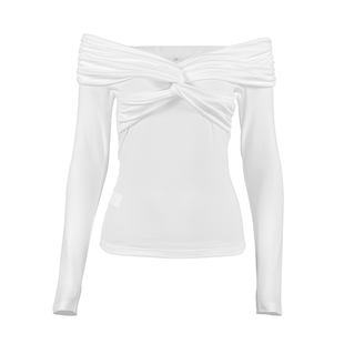 Fashion Tops欧美女士上衣一字领长袖修身围裹设计感