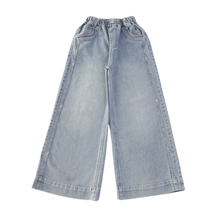 女童钉珠牛仔裤2026春装新款中大儿童初中生女孩宽松直筒阔腿裤子