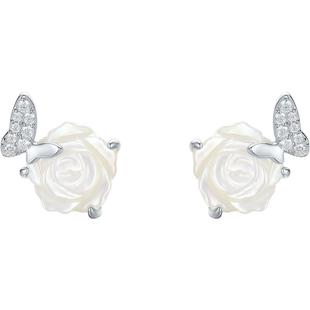 周六福耳钉女白玫瑰耳饰S925银高级感甜美时尚送女友本命年礼物