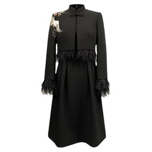 浒城古娘新款仙鹤刺绣盘扣通勤黑色新中式国风两件套装长裙女春秋