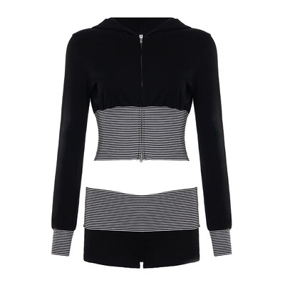 IAEY美式运动风休闲套装撞色条纹拼接连帽长袖短款卫衣+低腰短裤