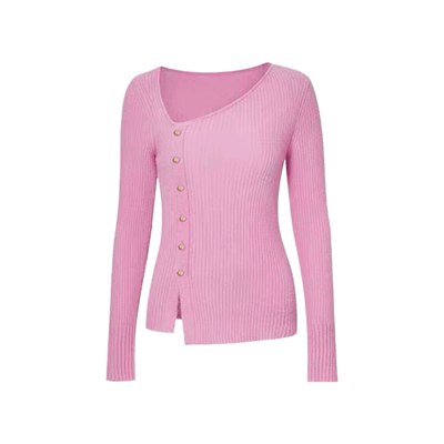 DPLAY2025秋季新款粉色针织衫女不对称设计含羊毛打底衫修身上衣