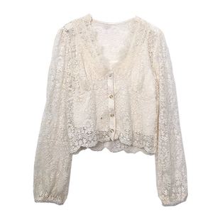 AM NANA◆法式修身V领衬衫法式洋气打底衫蕾丝长袖气质上衣女装