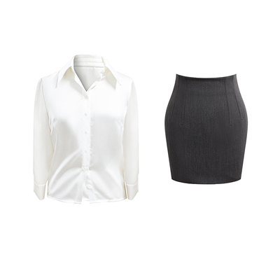 百搭缎面衬衣高腰半身裙套装