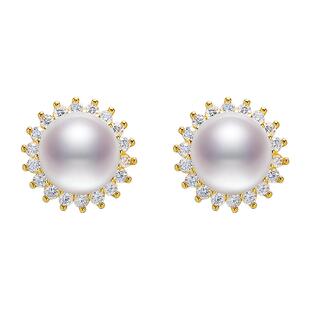 黛米珠宝 霓耀 白色淡水太阳花珍珠耳钉S925银女经典时尚耳饰SSS