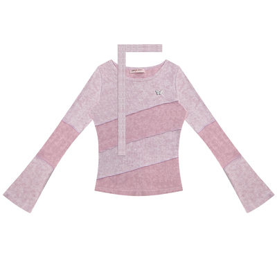 ziziFei设计感美式复古斜纹拼接围脖长袖T恤修身显瘦针织打底衫女