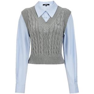 ONLY2025秋冬新款高智感绞花针织马甲拼接复古学院假两件衬衫女