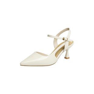 红蜻蜓高跟凉鞋女夏季新款女鞋法式气质尖头白色包头后空粗跟单鞋