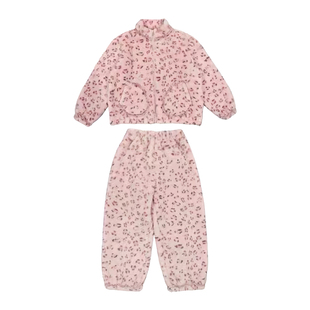 双面加厚豹纹印花珊瑚绒睡衣套装女冬季慵懒风花边拼接保暖家居服