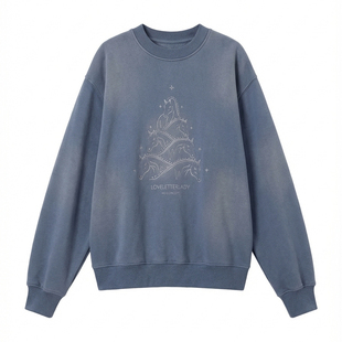 「周里物出品」牛仔蓝卫衣女2025秋季新款梦幻马群印花加绒上衣