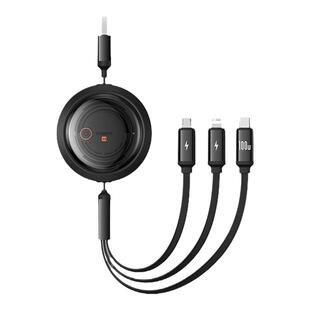 倍思车载充电线三合一数据线一拖三100W快充适用苹果华为安卓iPhone15promax多功能手机充电器线多头伸缩车充