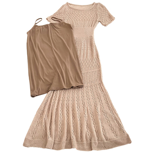 复古百搭镂空钩花短袖针织中长款连衣裙配打底吊带裙两件套女夏季