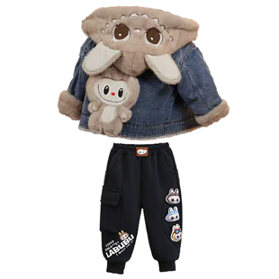 男童冬装套装2025新款女童加厚衣服潮流儿童加绒牛仔两件套秋冬款
