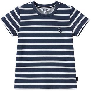 AIGLE艾高夏秋季DFT速干短袖吸湿户外运动条纹儿童T恤蓝色上衣