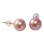 京润珍珠 途真925银淡水珍珠7-11mm粉紫色圆形耳钉经典通勤耳饰女