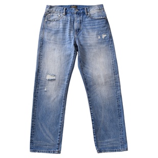 柴米14oz重水洗破坏浅蓝色牛仔裤男小直筒休闲裤美式复古阿美咔叽