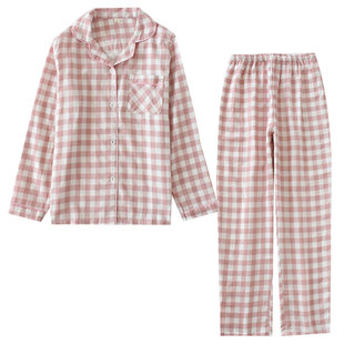 日系经典小格子亲子睡衣纯棉双层纱布家居服套装长袖开衫宽松舒适