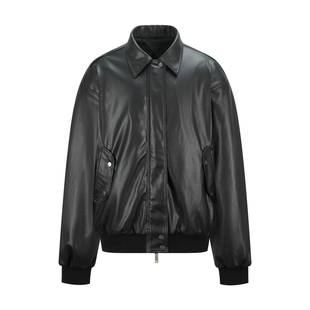 OaOO廓形翻领拉链皮衣bomber飞行夹克秋冬复古工装机车服宽松显壮