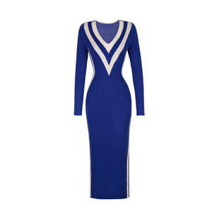 XULU原创纯色针织金丝交织撞色条纹包臀裙气质修身长袖v领连衣裙