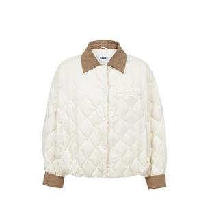 oq区绫致ONLY2025冬季新款复古条绒撞色翻领保暖白鸭绒羽绒服女