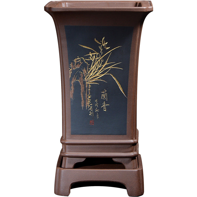 兰花建兰四方形带托盘紫砂花盆