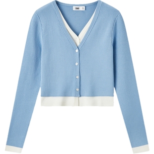 森柔毛衫|森马针织开衫女短款假两件撞色春季紧身V领正肩上衣显瘦