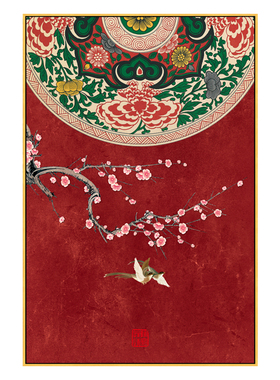 新中式风重彩花纹寓意客厅装饰画