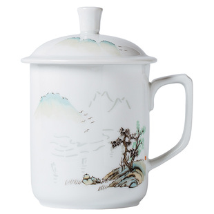 手绘玲珑办公杯景德镇白瓷粉彩茶杯陶瓷家用带盖大号水杯泡茶杯子