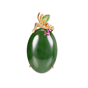 和合玉器和田玉18k金镶玉碧玉菠菜绿蛋面项链挂坠吊坠玉石挂件女