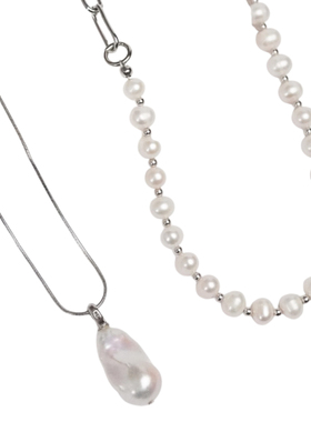 WY个性珍珠碰镀银金属链多功能叠戴天然巴洛克珍珠项链甜酷风