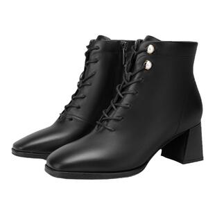 natursun冬季新款摩卡鞋英伦弹力瘦瘦靴马丁靴黑色短靴女靴子